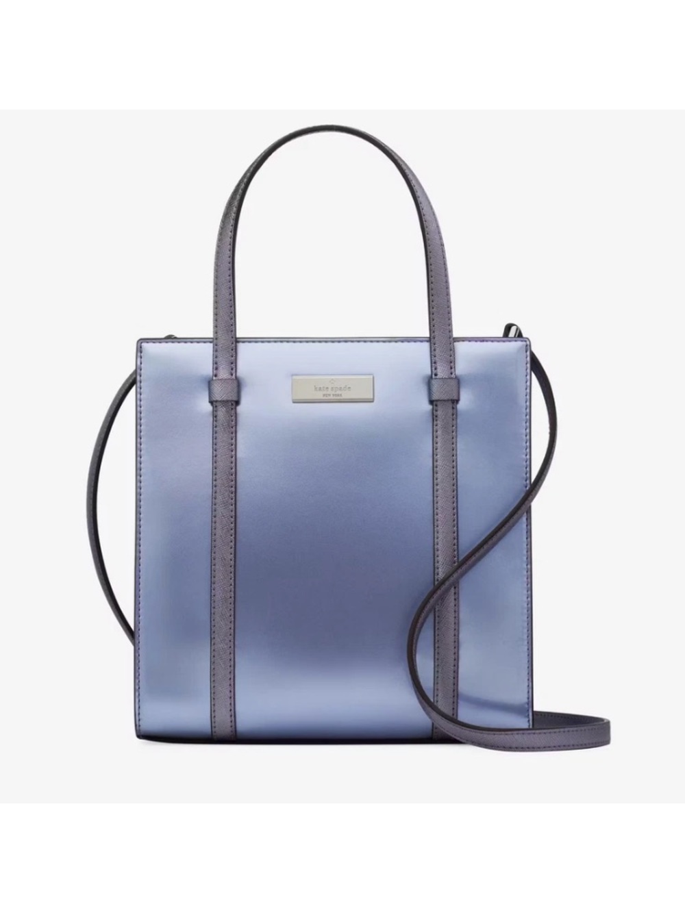 kate spade iridescent lavender patent tote with gold plaque